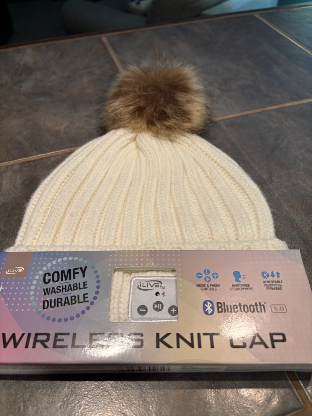 Wireless Knit Cap with Faux Fur Pom - Cream